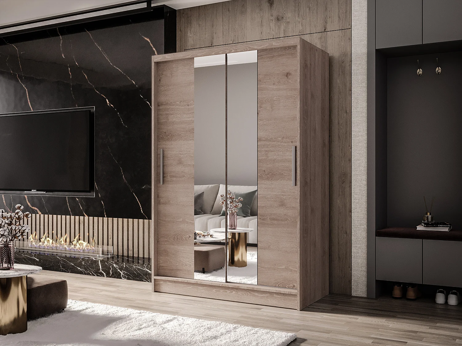 Zweitüriger Schiebeschrank mit Spiegel MESA M2 Truffle mit Regalböden und Kleiderstange