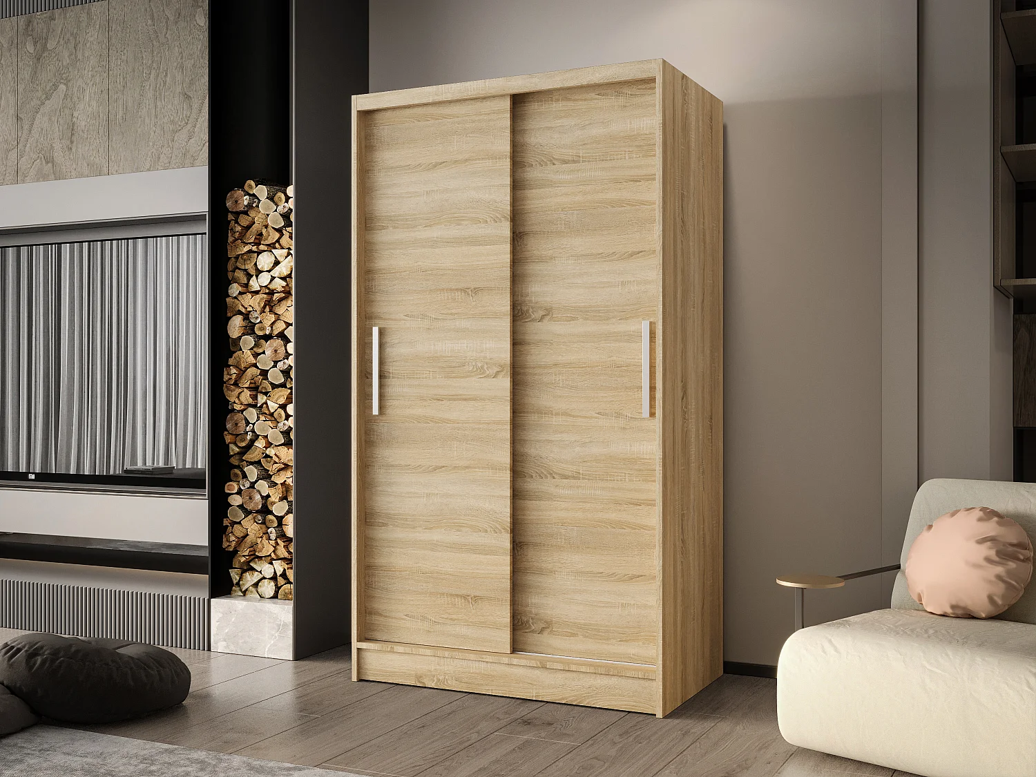 Zweitüriger Schiebeschrank CHICAGO CA1, Regalböden und Kleiderstange (Sonoma)