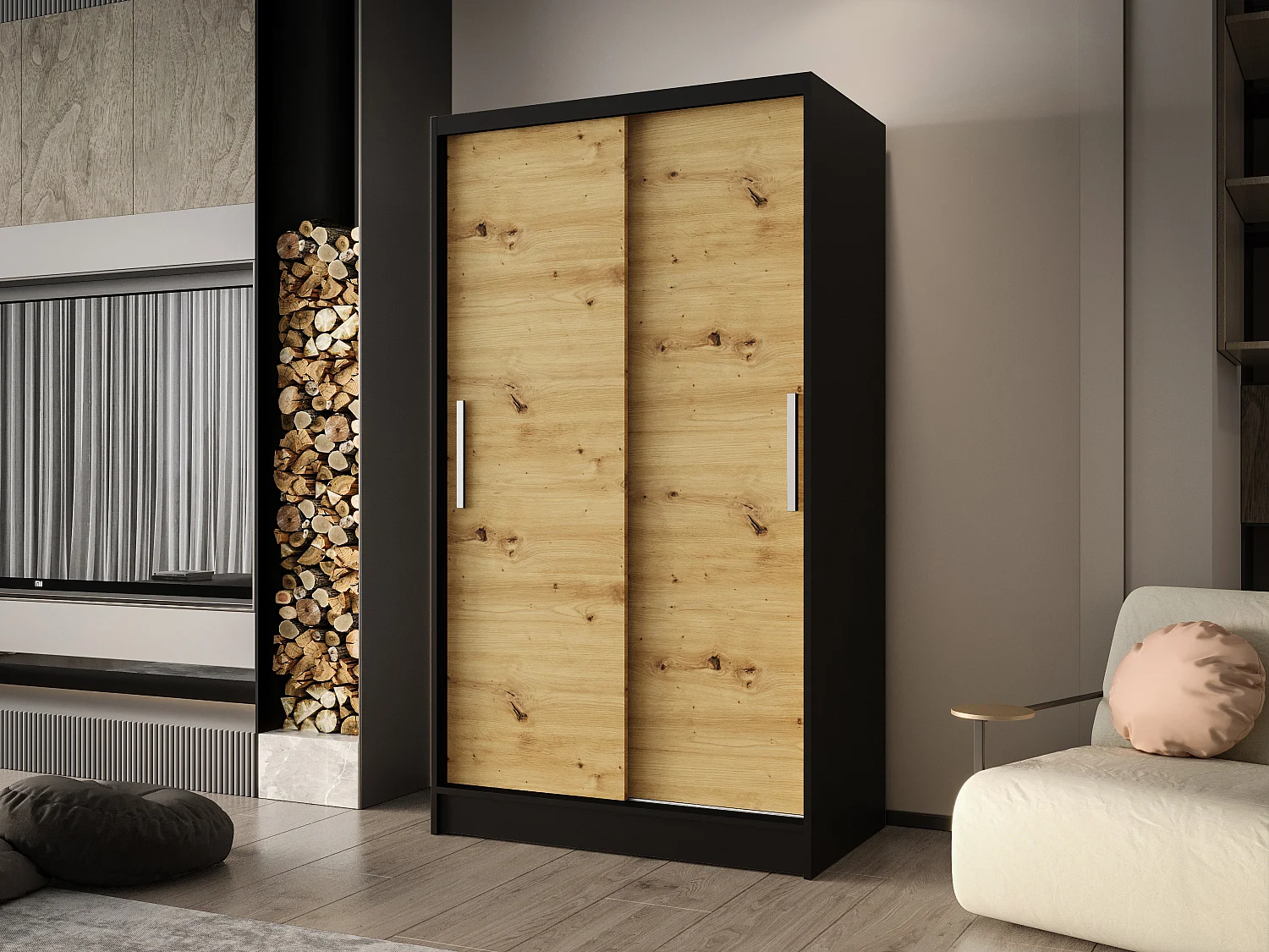 Zweitüriger Schiebeschrank CHICAGO CA1, Regalböden und Kleiderstange (Schwarz/Artisan)