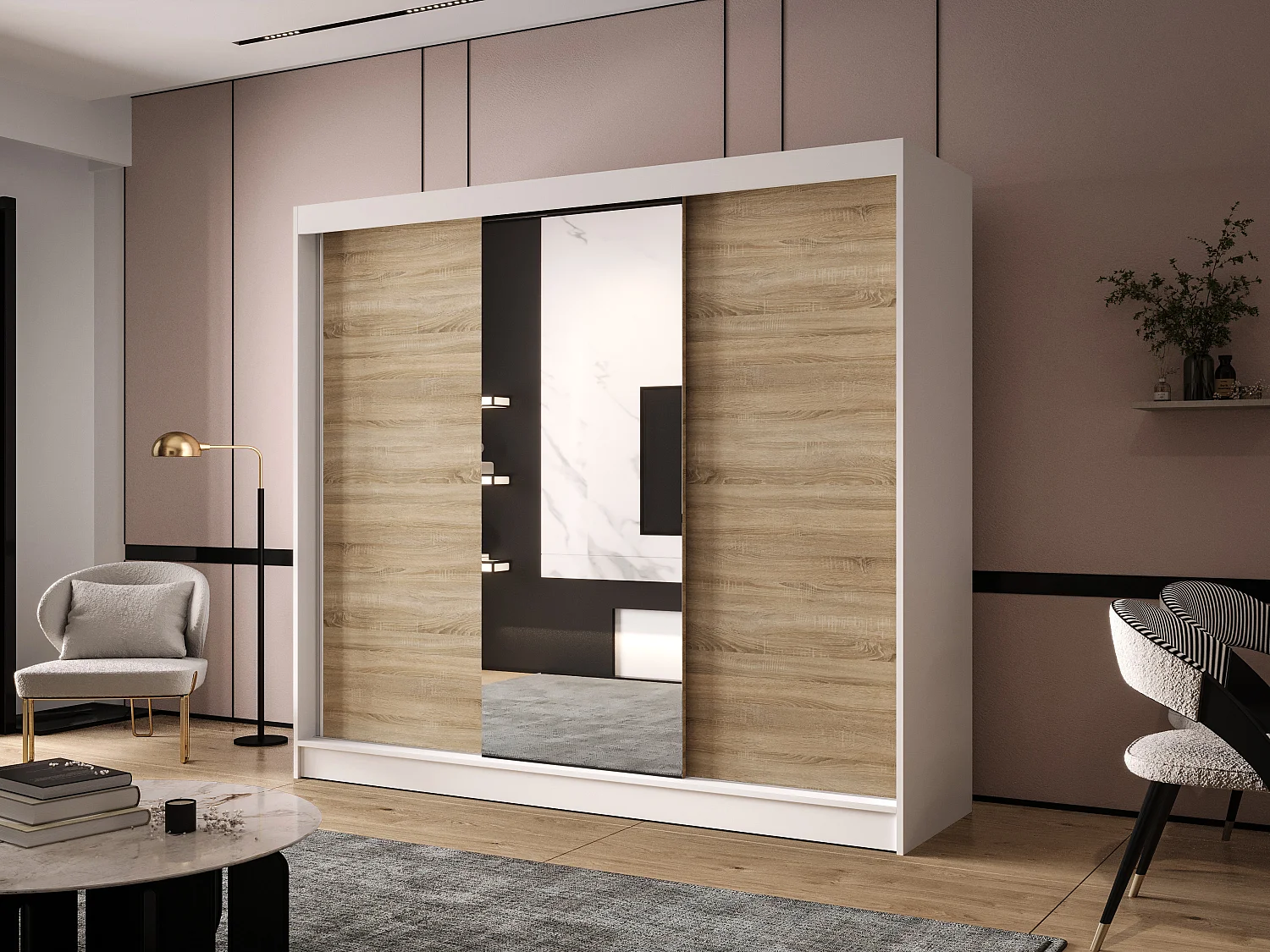 Dreitüriger Schiebeschrank mit Spiegel DALLAS DY1, Regalböden und Kleiderstange (Weiß/Sonoma)