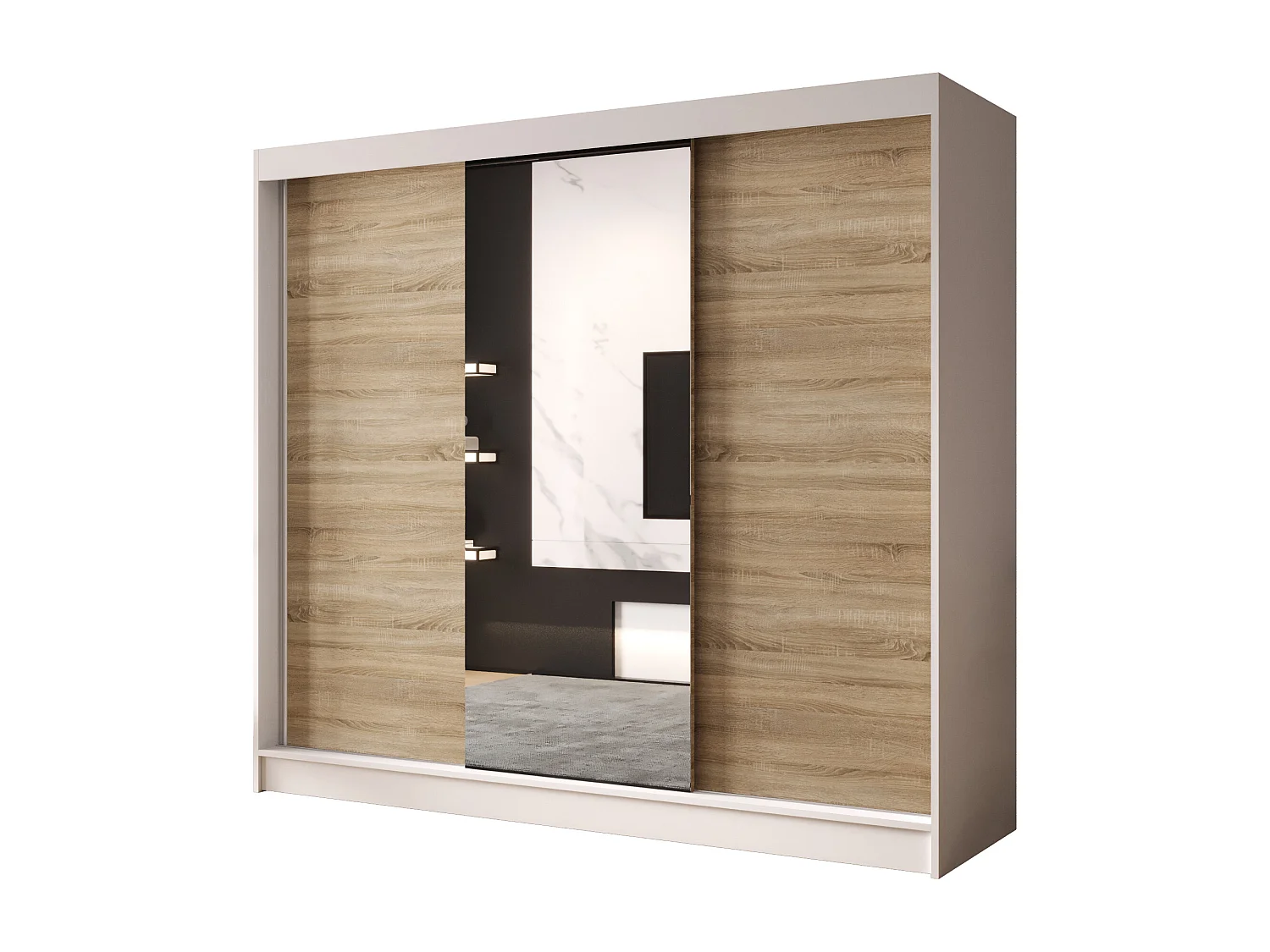 Dreitüriger Schiebeschrank mit Spiegel DALLAS DY1, Regalböden und Kleiderstange (Weiß/Sonoma)