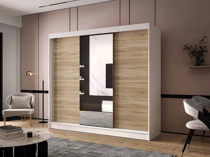 Dreitüriger Schiebeschrank mit Spiegel DALLAS DY1, Regalböden und Kleiderstange (Weiß/Sonoma)