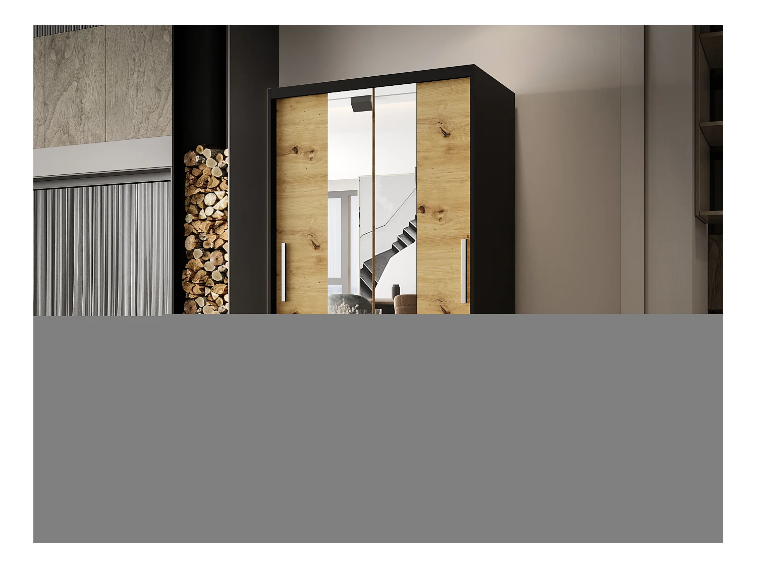 Zweitüriger Schiebeschrank mit Spiegel CHICAGO CA2, Regalböden und Kleiderstange (Schwarz/Artisan)