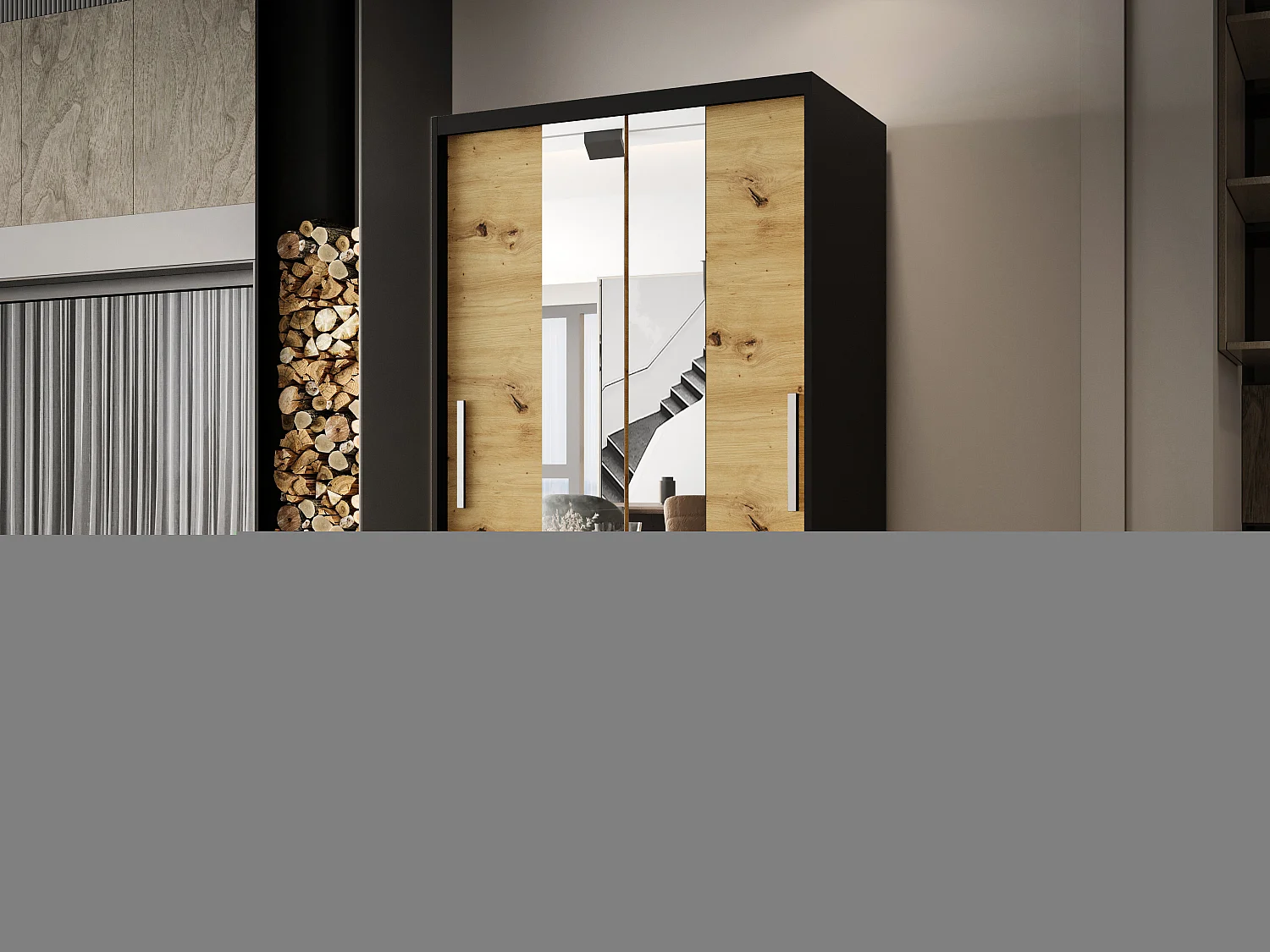 Zweitüriger Schiebeschrank mit Spiegel CHICAGO CA2, Regalböden und Kleiderstange (Schwarz/Artisan)