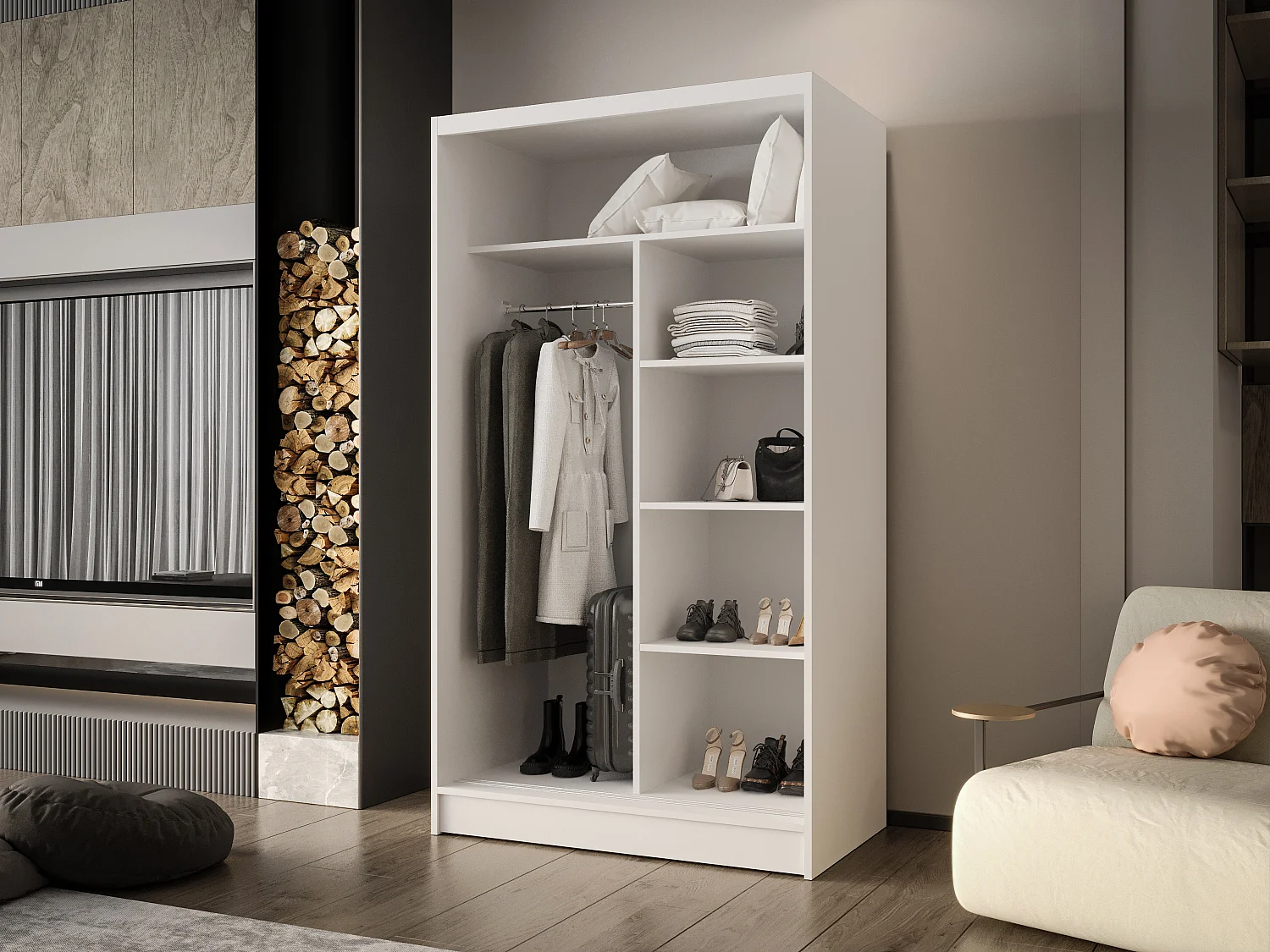 Zweitüriger Schiebeschrank mit Spiegel CHICAGO CA2, Regalböden und Kleiderstange (Schwarz/Artisan)