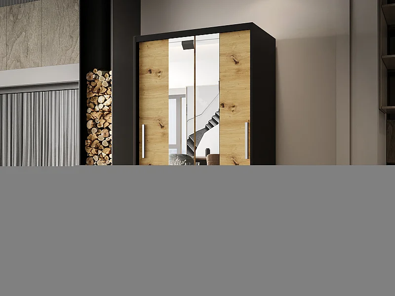 Zweitüriger Schiebeschrank mit Spiegel CHICAGO CA2, Regalböden und Kleiderstange (Schwarz/Artisan)