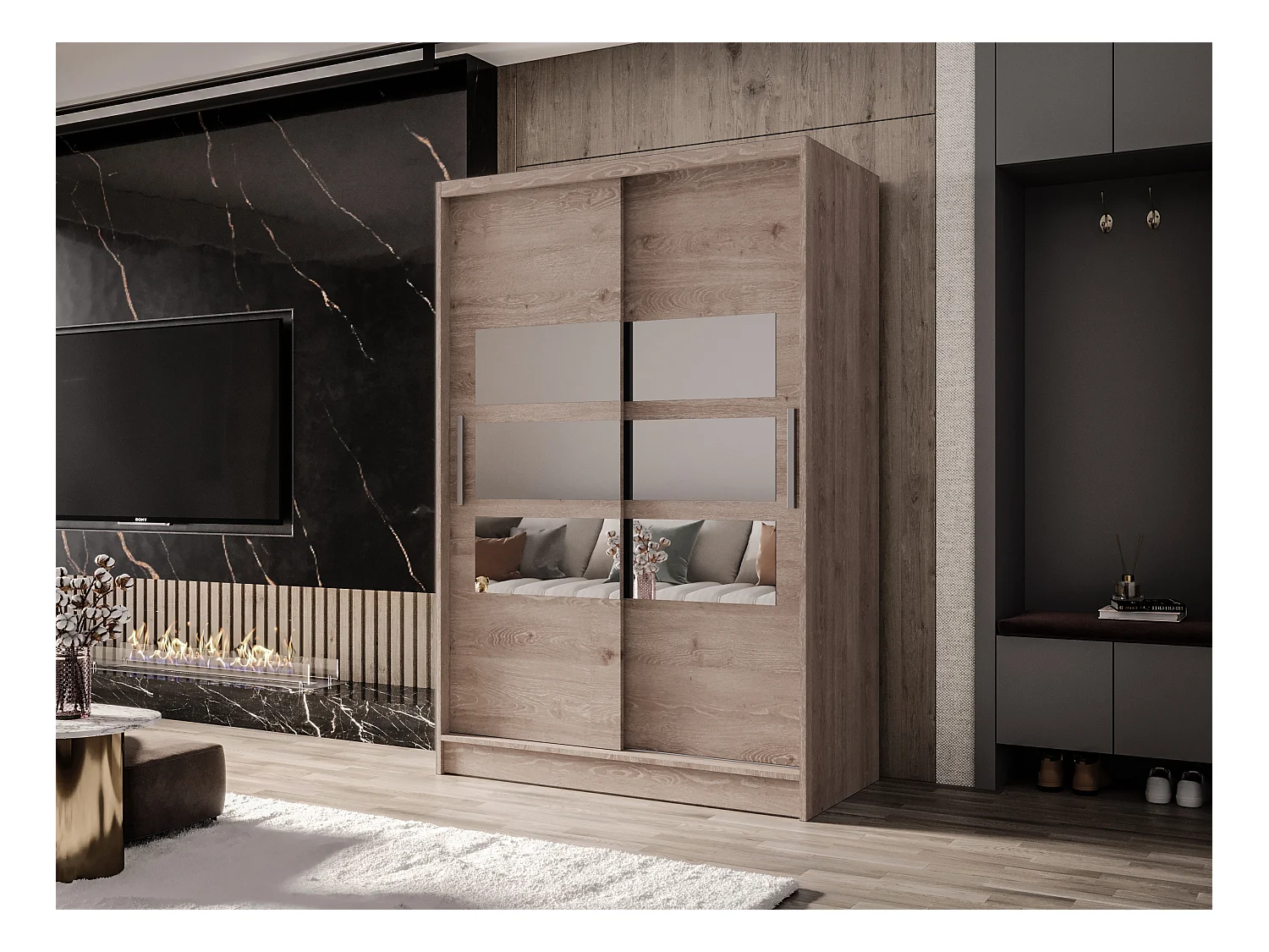 Zweitüriger Schiebeschrank mit Spiegel MESA M5 Truffle mit Regalböden und Kleiderstange