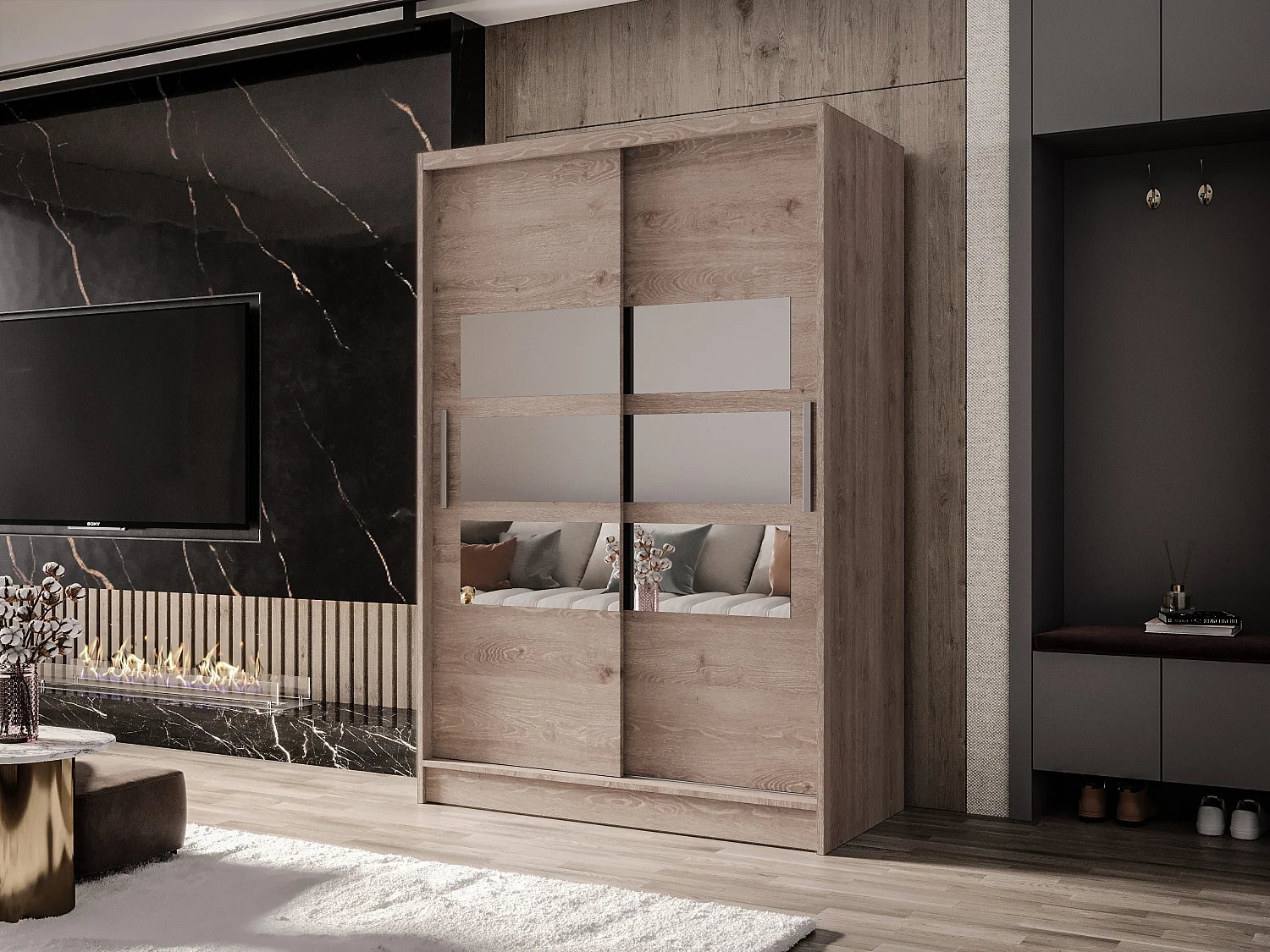 Zweitüriger Schiebeschrank mit Spiegel MESA M5 Truffle mit Regalböden und Kleiderstange