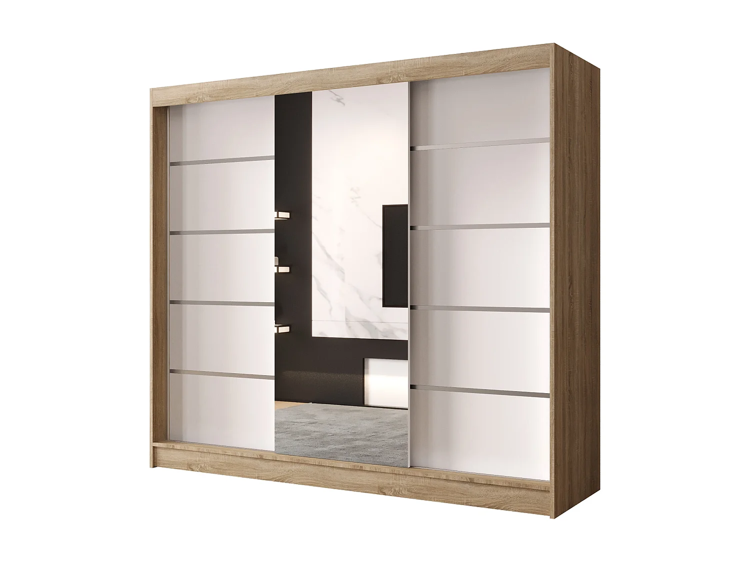 Dreitüriger Schiebeschrank mit Spiegel DALLAS DY6, Regalböden und Kleiderstange (Sonoma/Weiß)