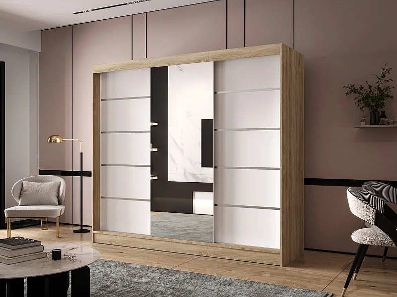 Dreitüriger Schiebeschrank mit Spiegel DALLAS DY6, Regalböden und Kleiderstange (Sonoma/Weiß)