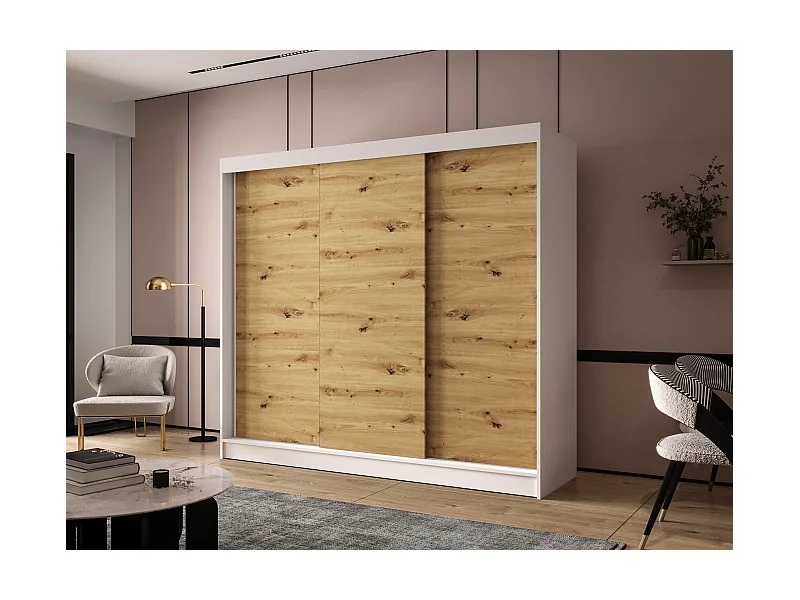 Dreitüriger Schiebeschrank DALLAS DY2, Regalböden und Kleiderstange (Weiß/Artisan)