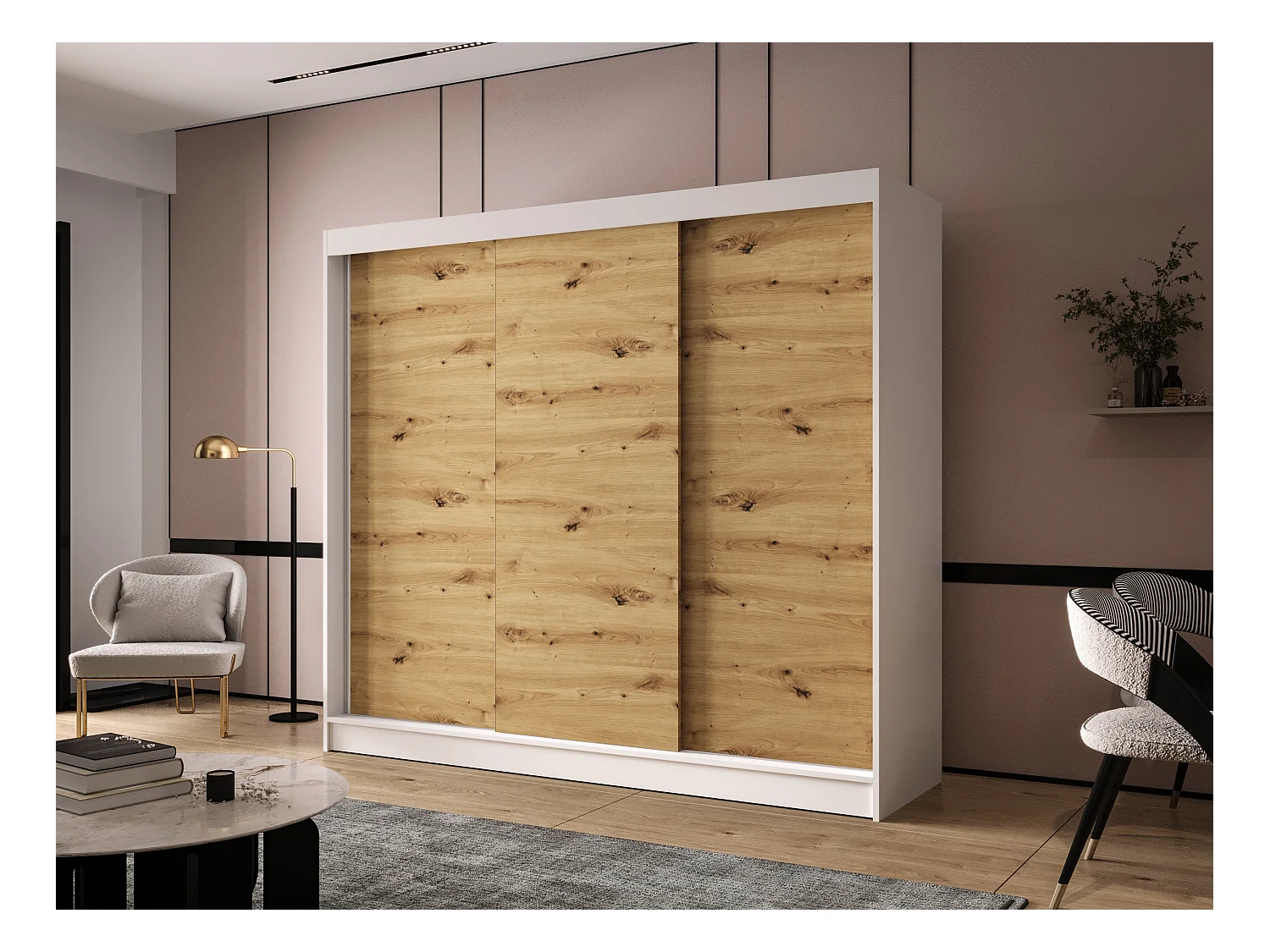 Dreitüriger Schiebeschrank DALLAS DY2, Regalböden und Kleiderstange (Weiß/Artisan)