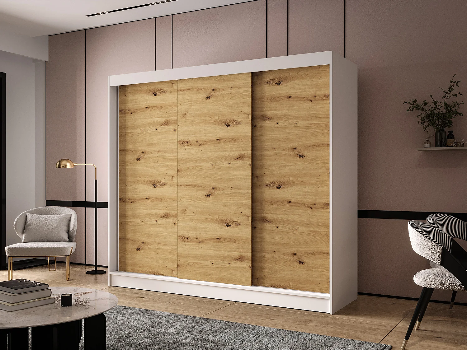 Dreitüriger Schiebeschrank DALLAS DY2, Regalböden und Kleiderstange (Weiß/Artisan)