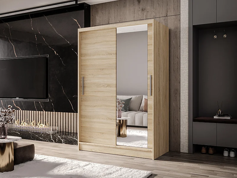 Zweitüriger Schiebeschrank mit Spiegel MESA M6 Sonoma mit Regalböden und Kleiderstange