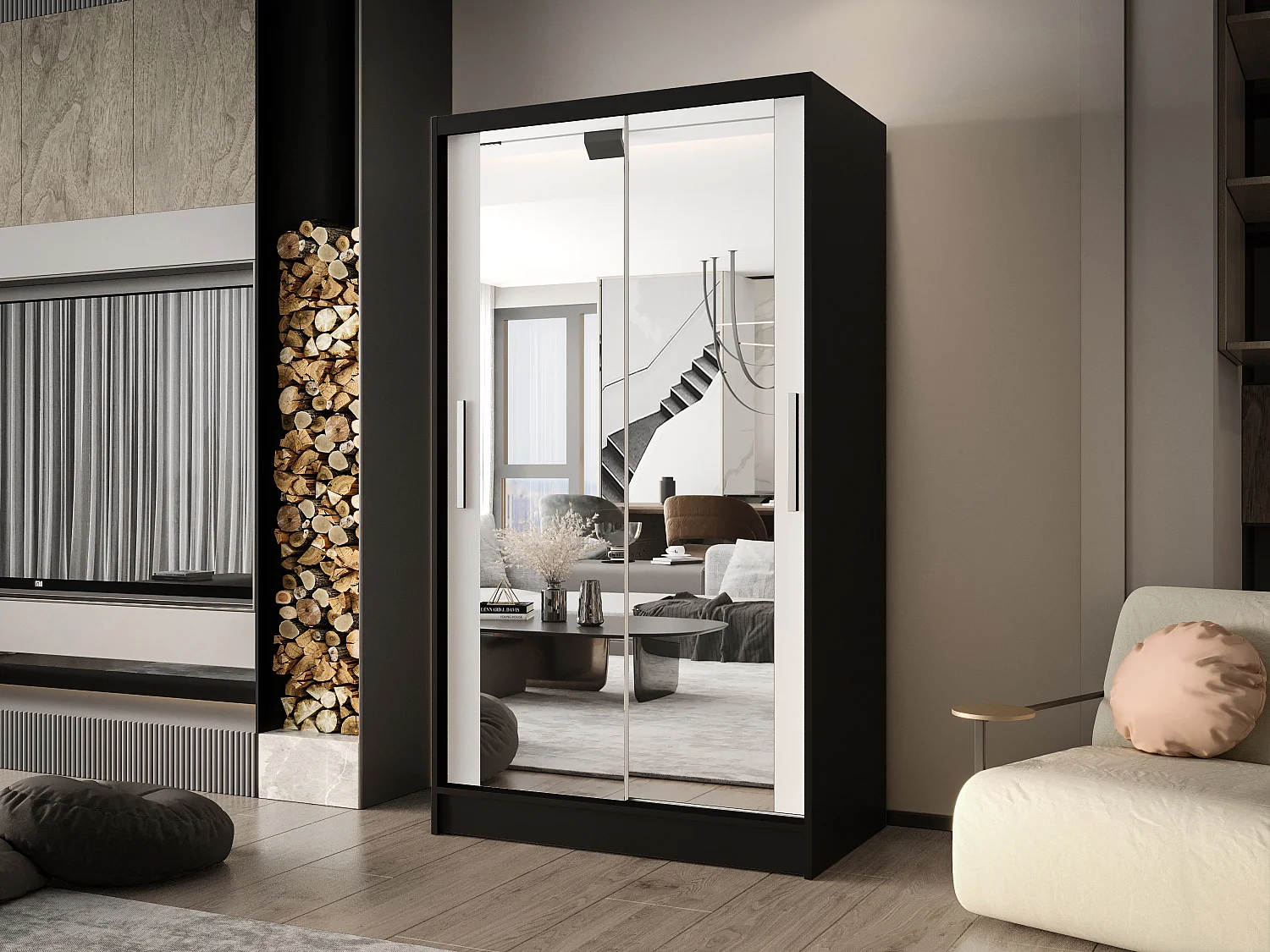 Zweitüriger Schiebeschrank mit Spiegel CHICAGO CA7, Regalböden und Kleiderstange (Schwarz/Weiß)