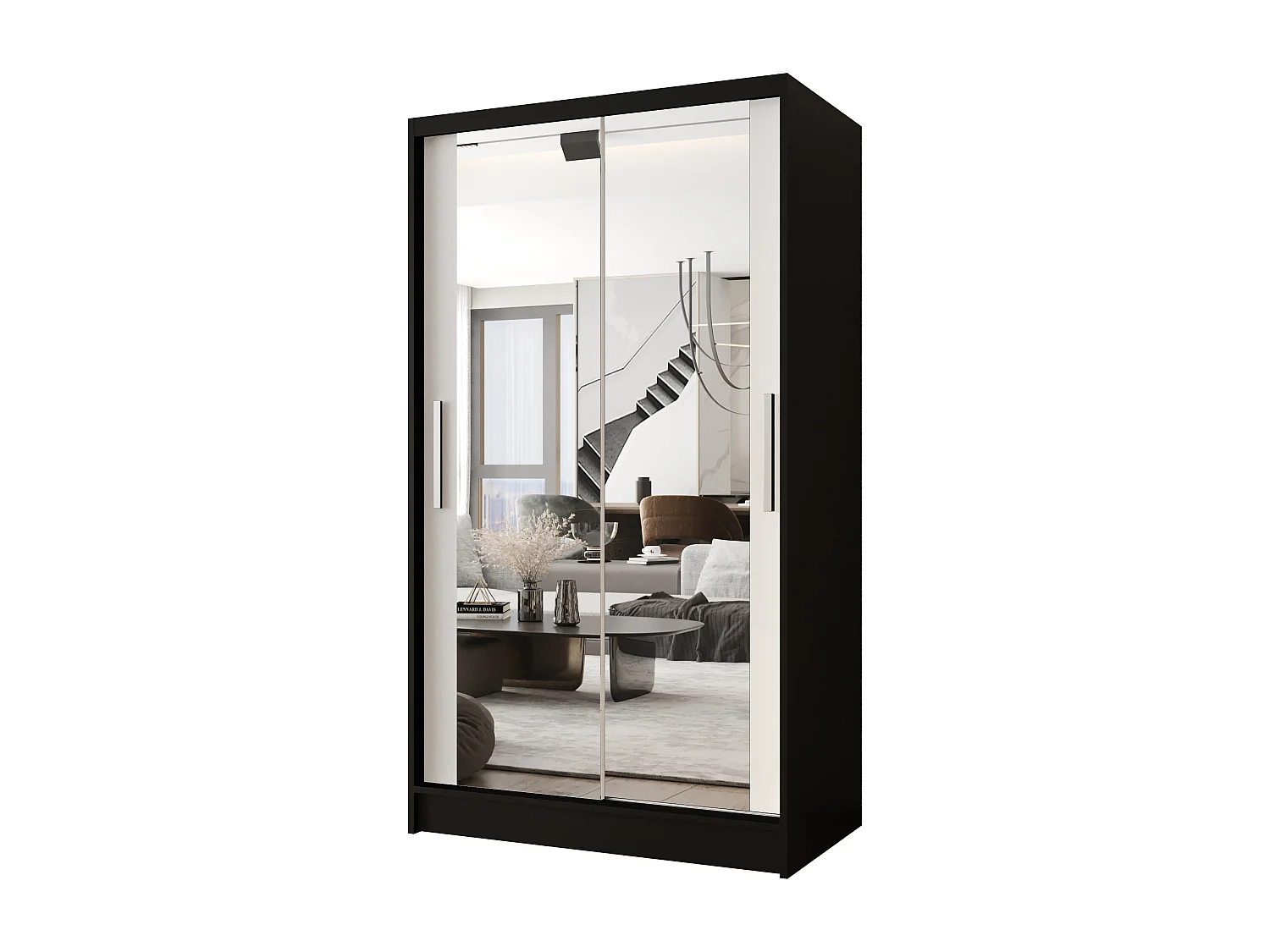 Zweitüriger Schiebeschrank mit Spiegel CHICAGO CA7, Regalböden und Kleiderstange (Schwarz/Weiß)