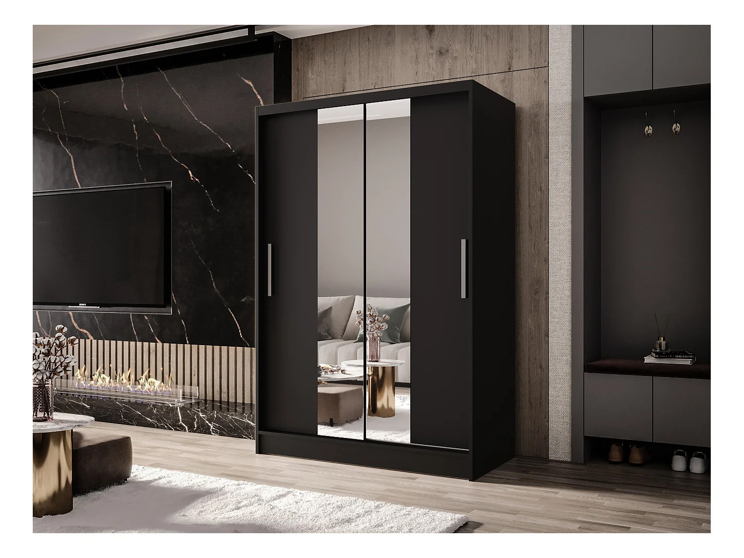 Zweitüriger Schiebeschrank mit Spiegel MESA M2 Schwarz mit Regalböden und Kleiderstange