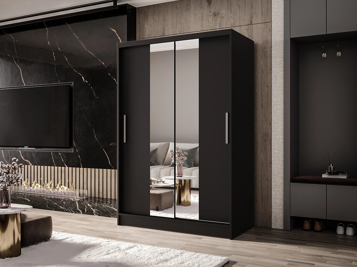 Zweitüriger Schiebeschrank mit Spiegel MESA M2 Schwarz mit Regalböden und Kleiderstange