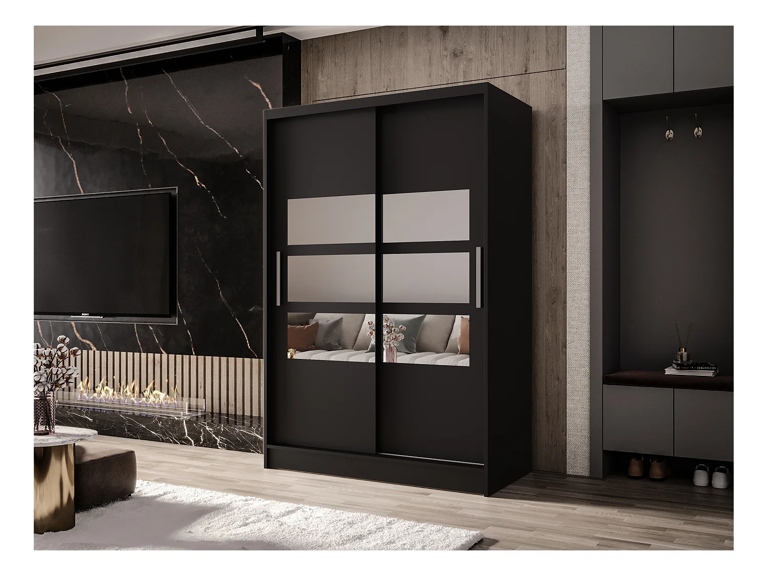 Zweitüriger Schiebeschrank mit Spiegel MESA M5 Schwarz mit Regalböden und Kleiderstange