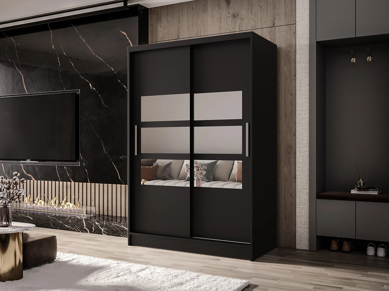 Zweitüriger Schiebeschrank mit Spiegel MESA M5 Schwarz mit Regalböden und Kleiderstange