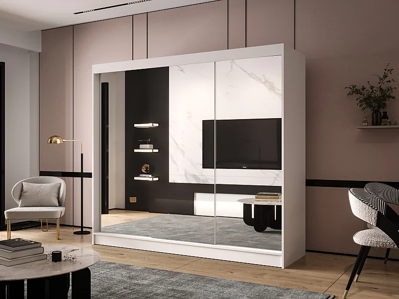 Dreitüriger Schiebeschrank mit Spiegel DALLAS DY3, Regalböden und Kleiderstange (Weiß)