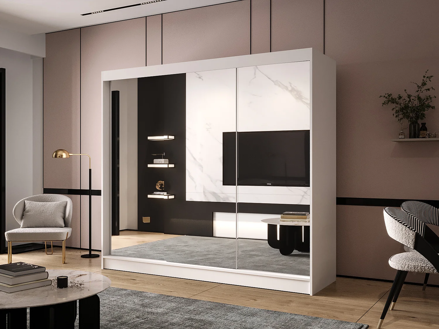 Dreitüriger Schiebeschrank mit Spiegel DALLAS DY3, Regalböden und Kleiderstange (Weiß)