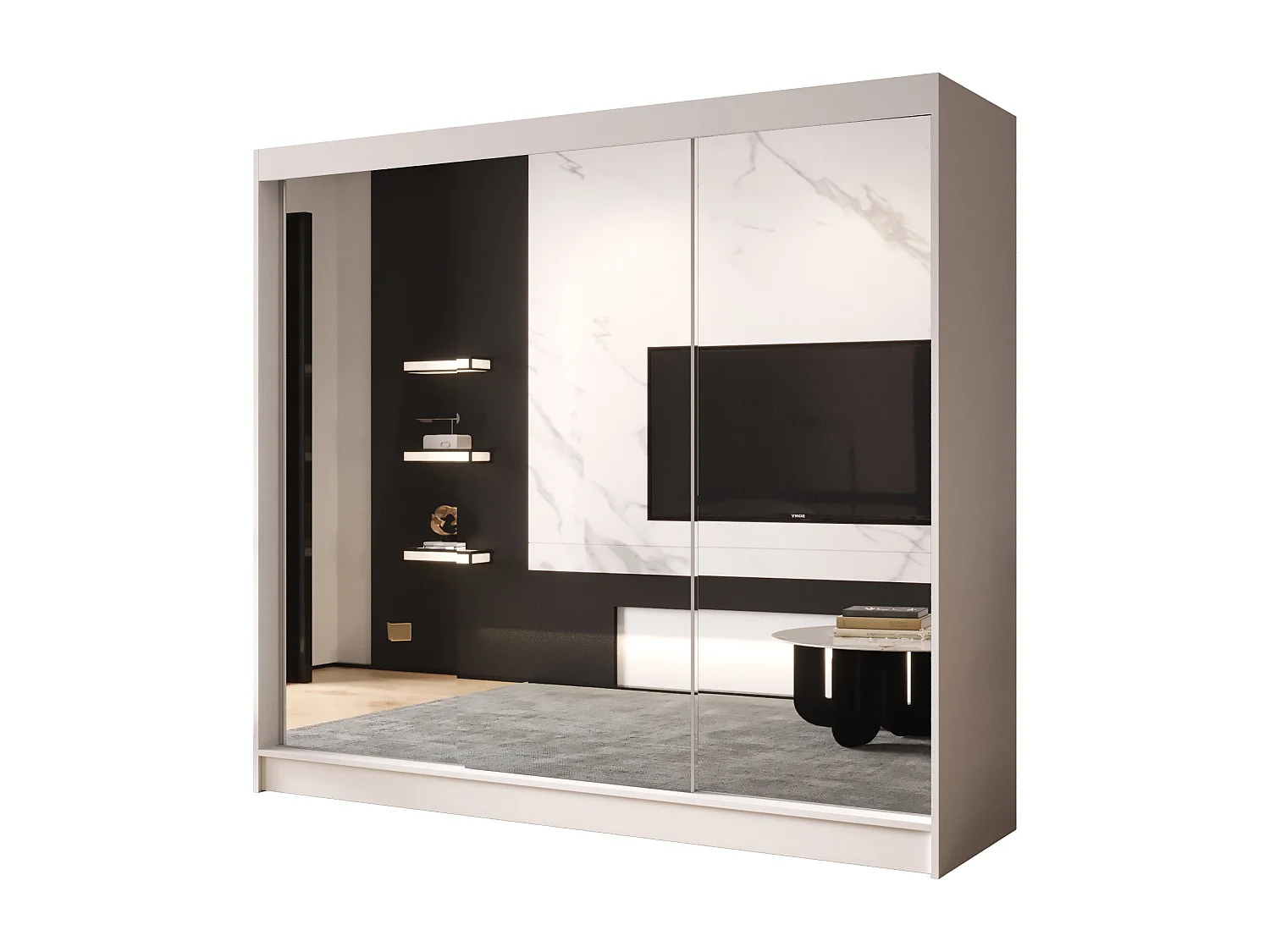 Dreitüriger Schiebeschrank mit Spiegel DALLAS DY3, Regalböden und Kleiderstange (Weiß)