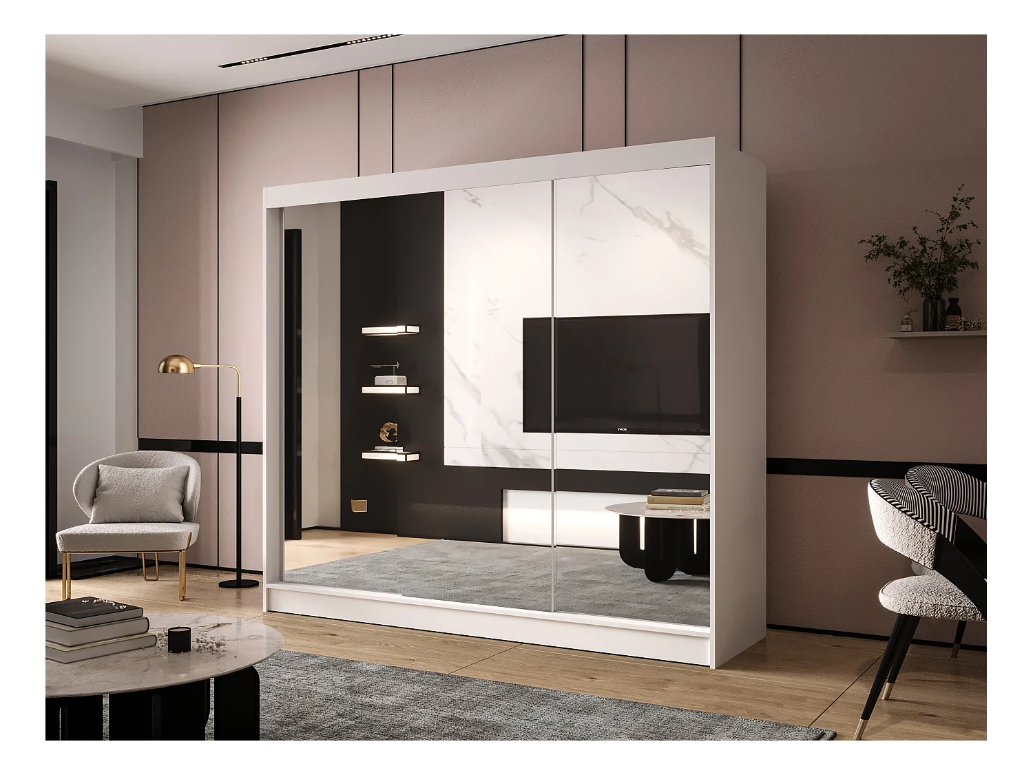 Dreitüriger Schiebeschrank mit Spiegel DALLAS DY3, Regalböden und Kleiderstange (Weiß)