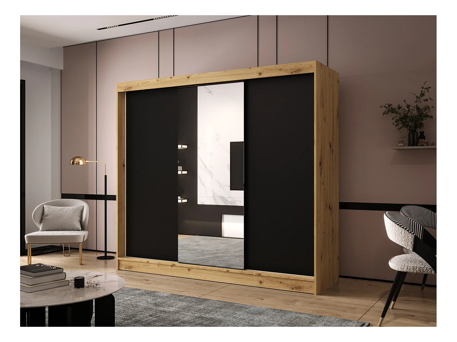 Dreitüriger Schiebeschrank mit Spiegel DALLAS DY1, Regalböden und Kleiderstange (Artisan/Schwarz)