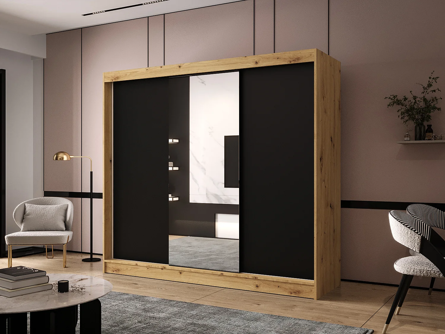 Dreitüriger Schiebeschrank mit Spiegel DALLAS DY1, Regalböden und Kleiderstange (Artisan/Schwarz)