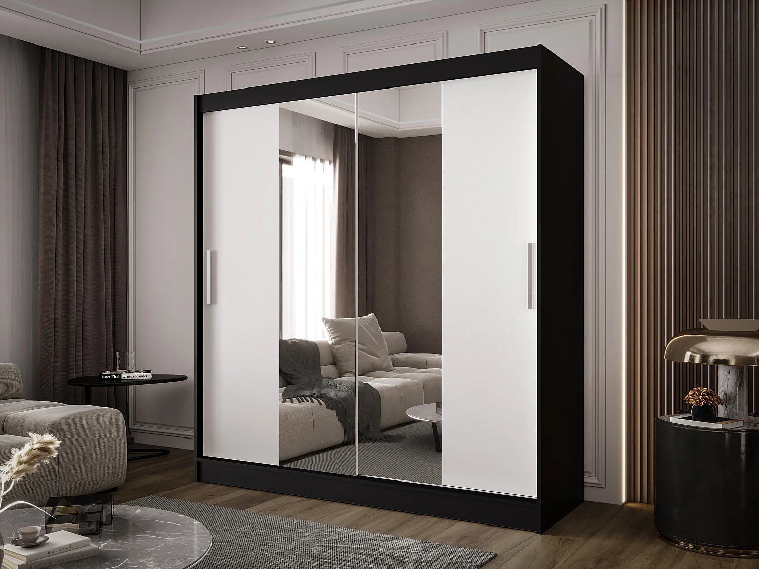 Zweitüriger Schiebeschrank mit Spiegel BALTIMORE B2 Schwarz/Weiß