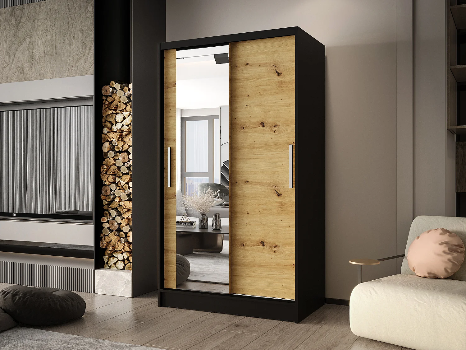 Zweitüriger Schiebeschrank mit Spiegel CHICAGO CA6, Regalböden und Kleiderstange (Schwarz/Artisan)