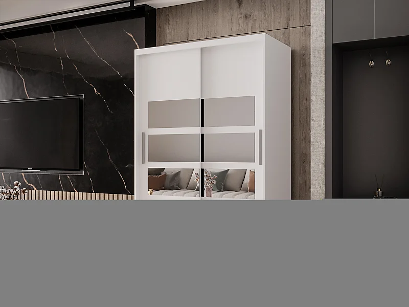 Zweitüriger Schiebeschrank mit Spiegel MESA M5 Weiß mit Regalböden und Kleiderstange