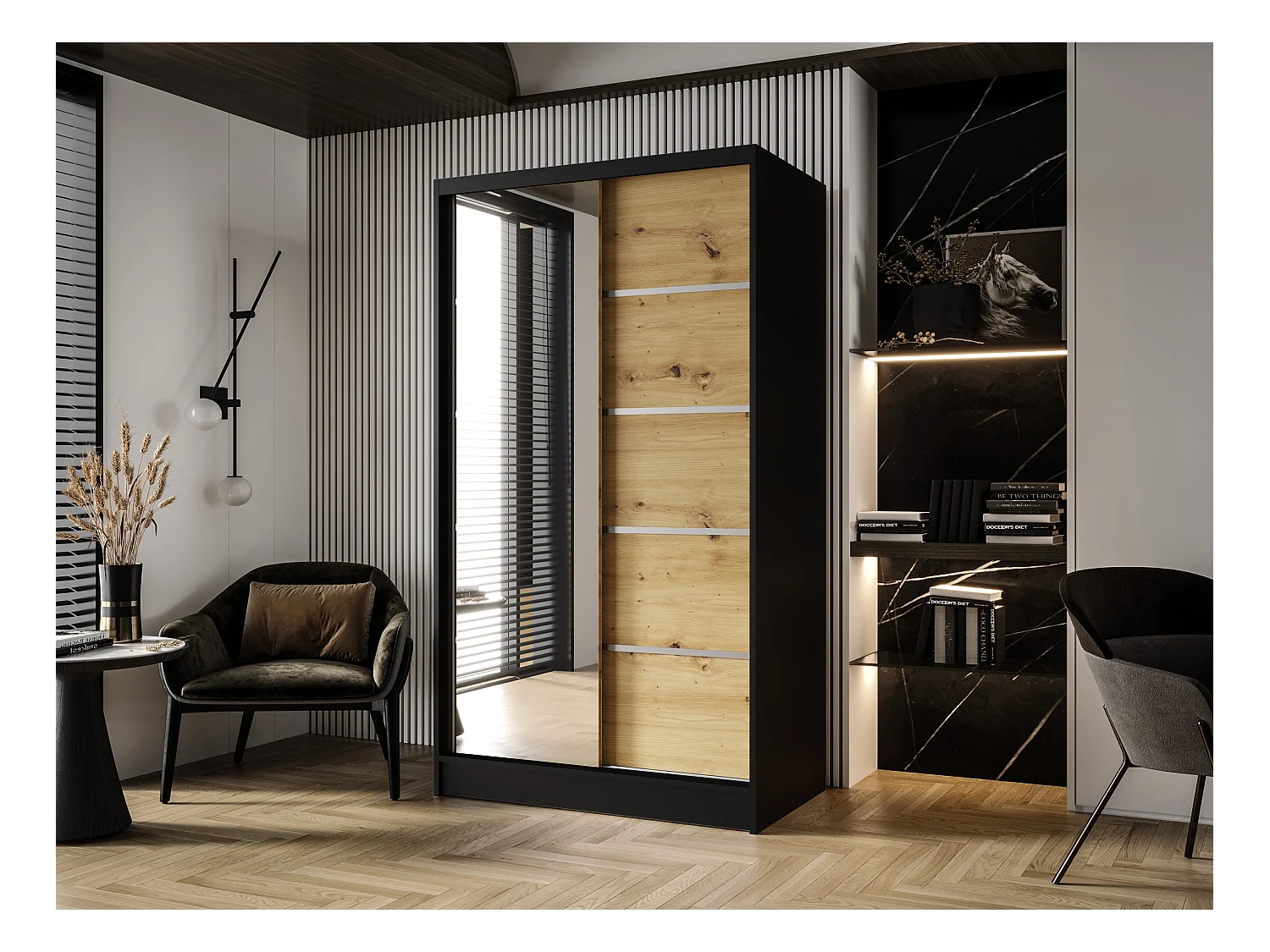 Zweitüriger Schiebeschrank mit Spiegel DETROIT D3, Regalböden und Kleiderstange (Schwarz/Artisan)