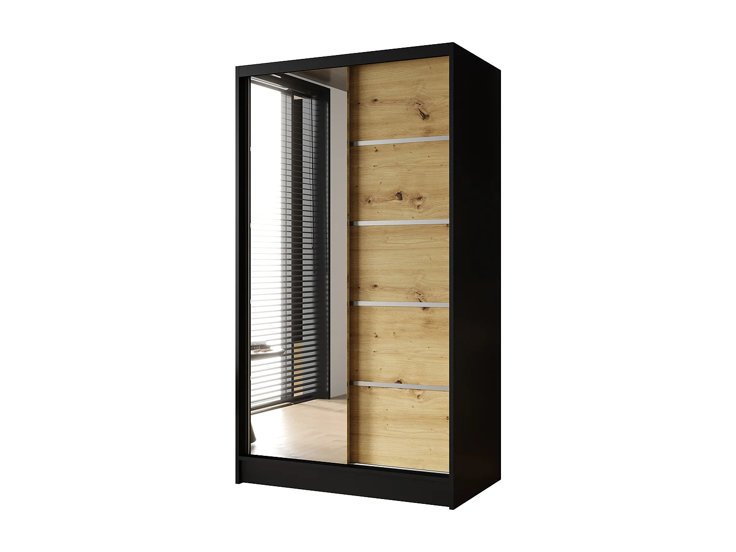 Zweitüriger Schiebeschrank mit Spiegel DETROIT D3, Regalböden und Kleiderstange (Schwarz/Artisan)