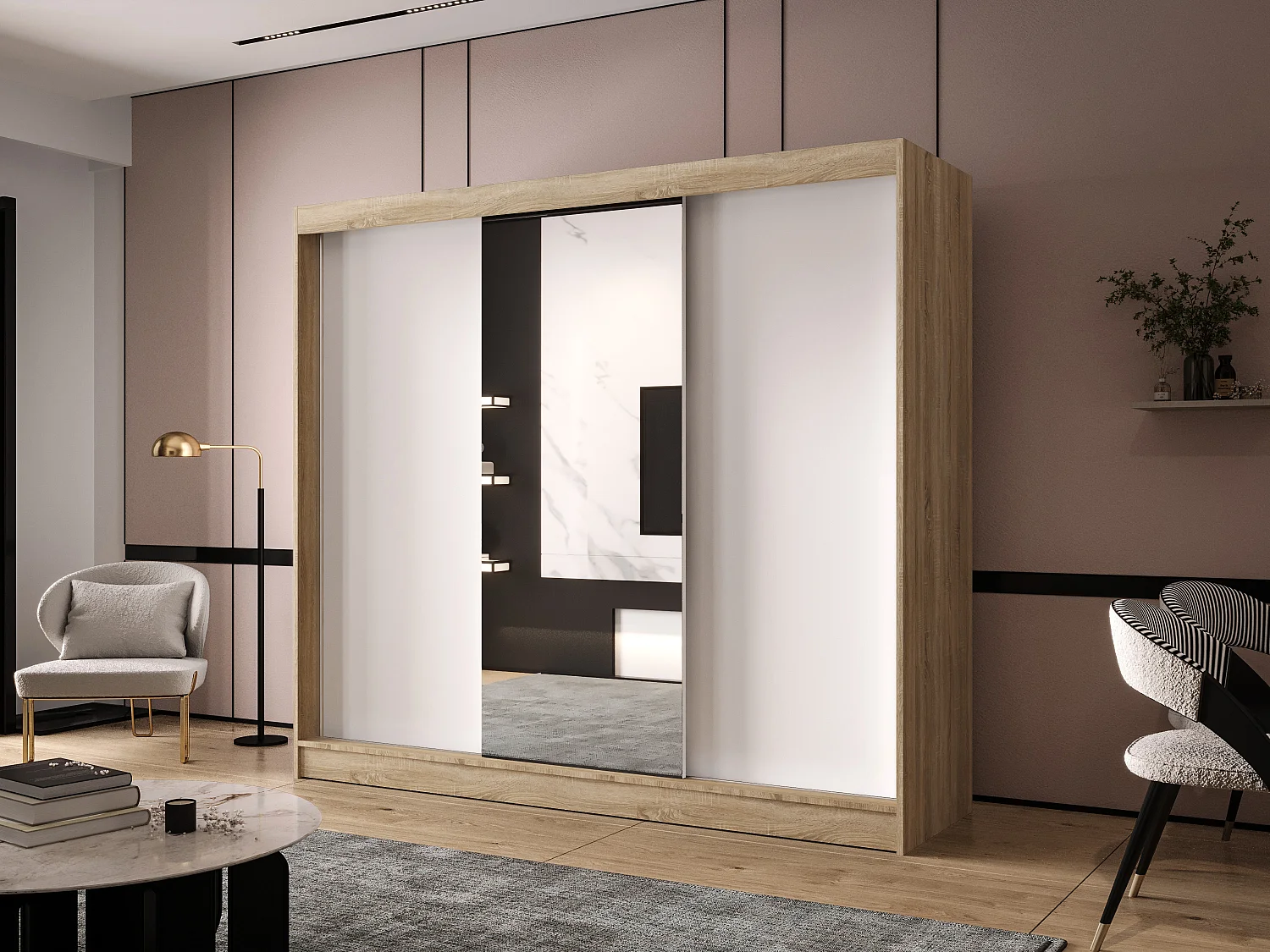 Dreitüriger Schiebeschrank mit Spiegel DALLAS DY1, Regalböden und Kleiderstange (Sonoma/Weiß)