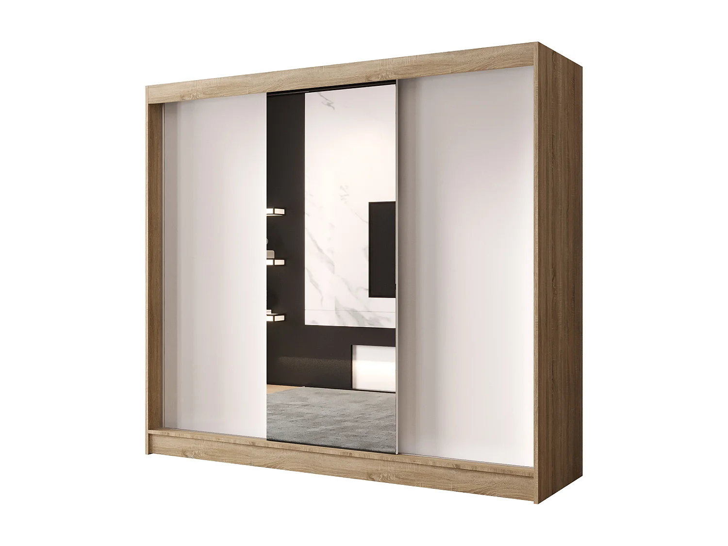 Dreitüriger Schiebeschrank mit Spiegel DALLAS DY1, Regalböden und Kleiderstange (Sonoma/Weiß)