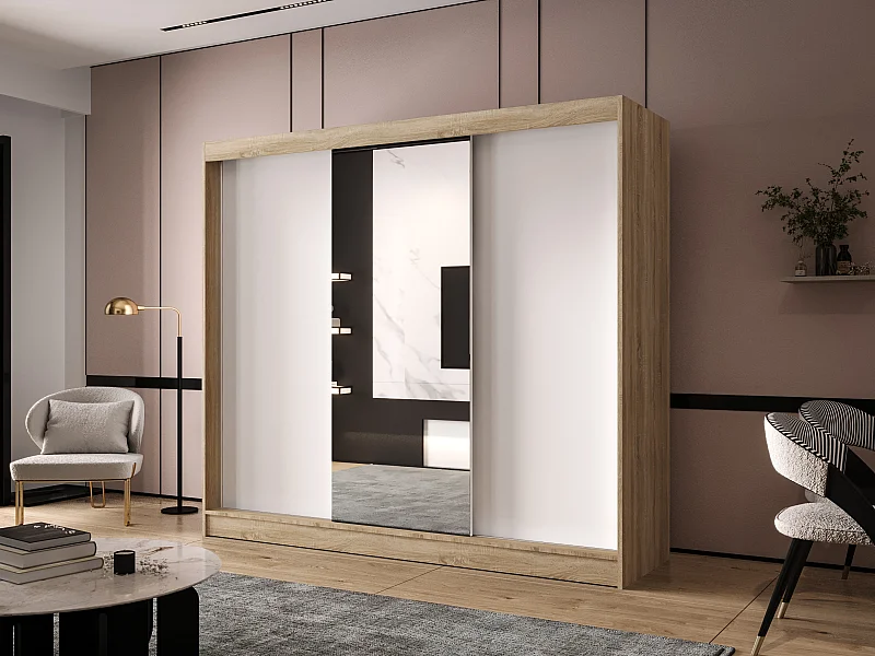 Dreitüriger Schiebeschrank mit Spiegel DALLAS DY1, Regalböden und Kleiderstange (Sonoma/Weiß)