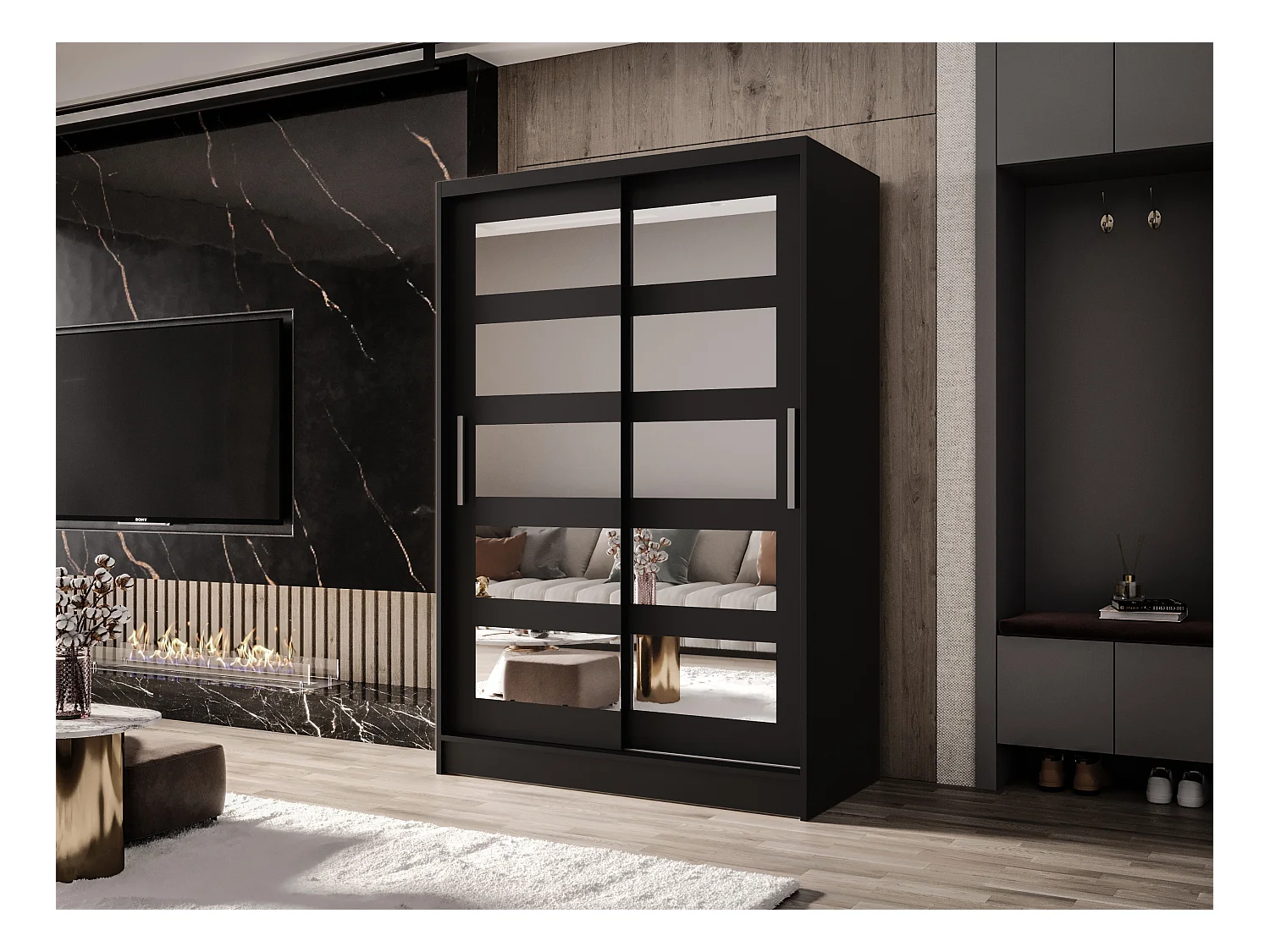 Zweitüriger Schiebeschrank mit Spiegel MESA M4 Schwarz mit Regalböden und Kleiderstange
