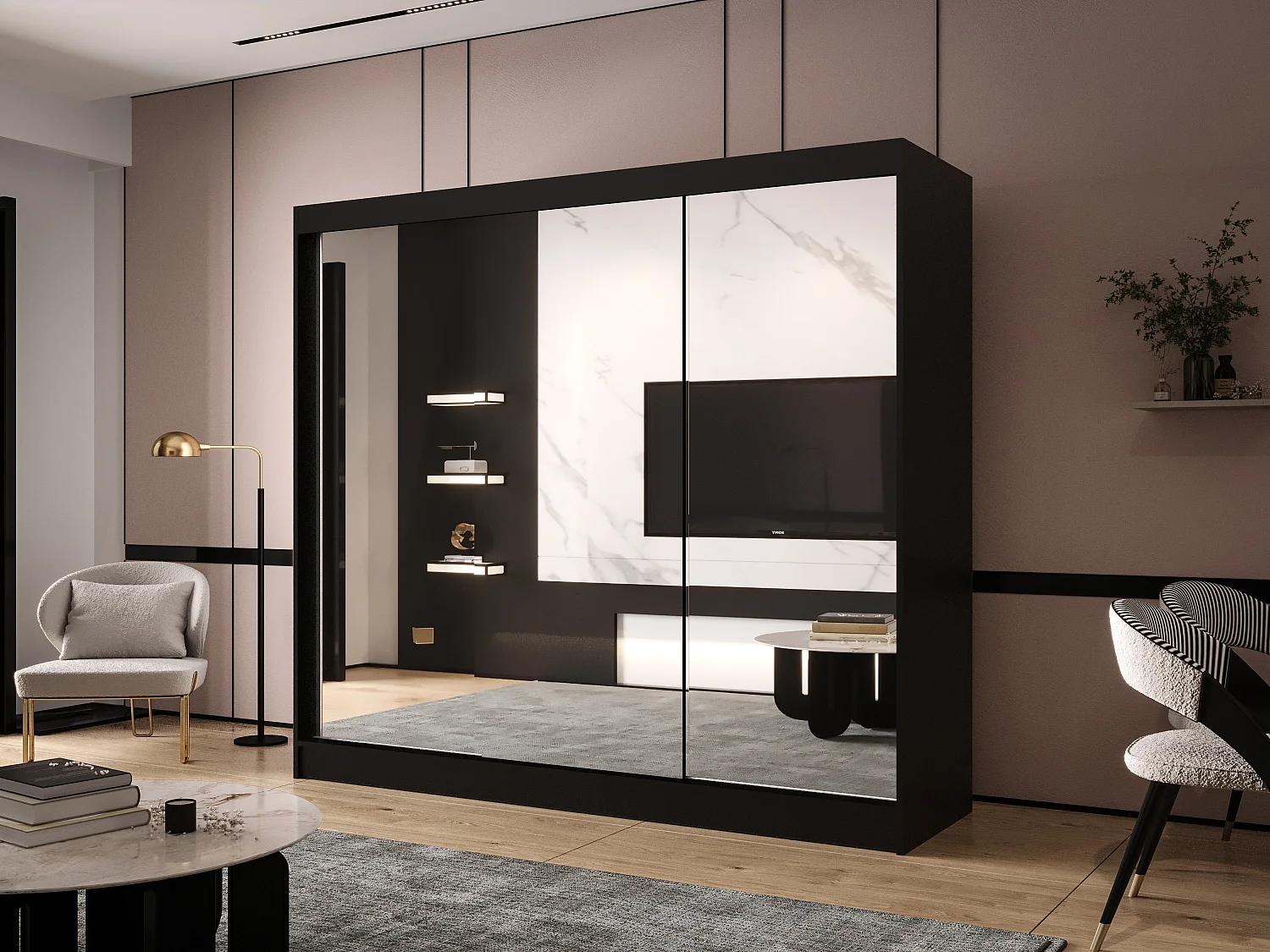 Dreitüriger Schiebeschrank mit Spiegel DALLAS DY3, Regalböden und Kleiderstange (Schwarz)