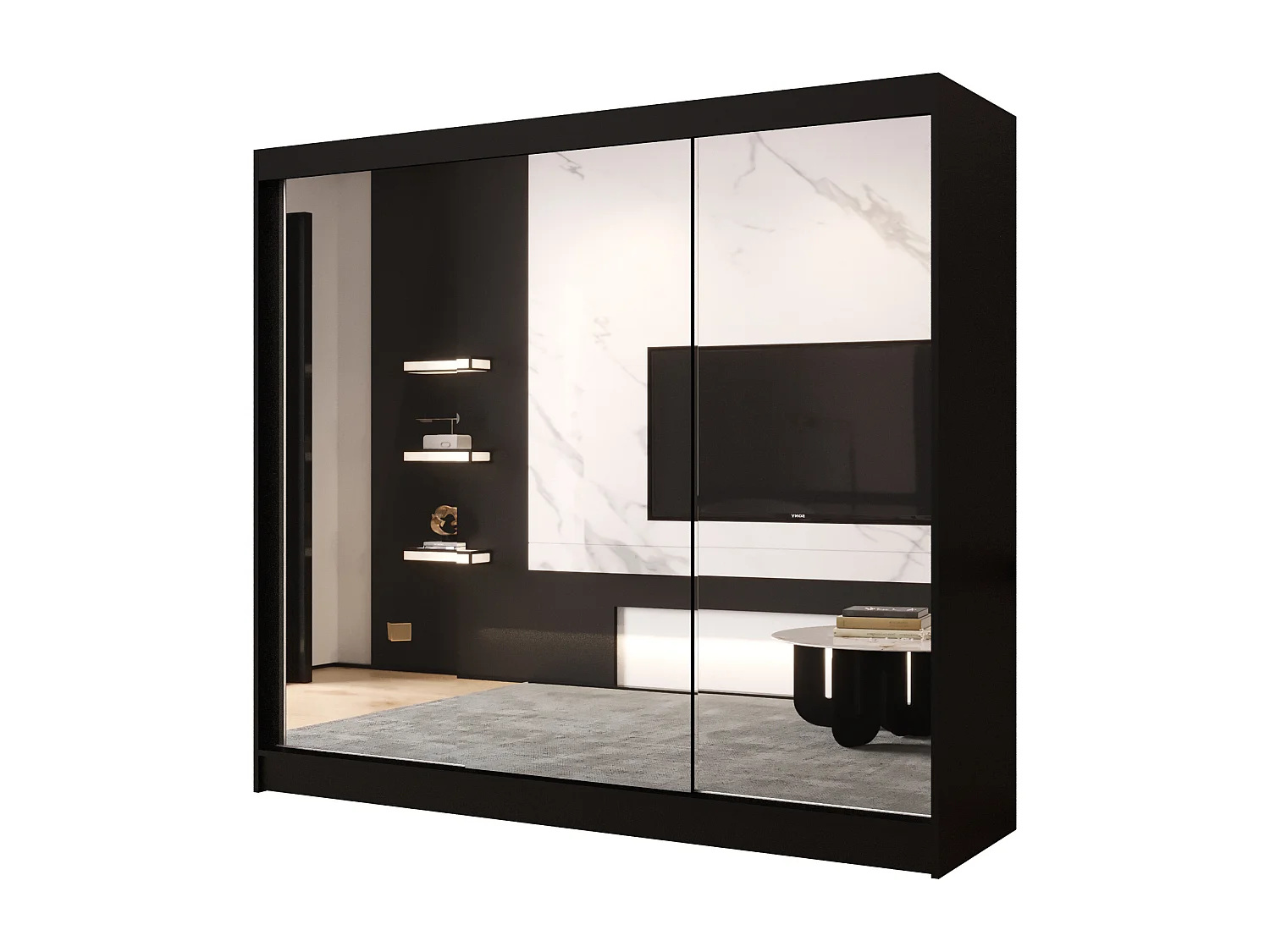 Dreitüriger Schiebeschrank mit Spiegel DALLAS DY3, Regalböden und Kleiderstange (Schwarz)