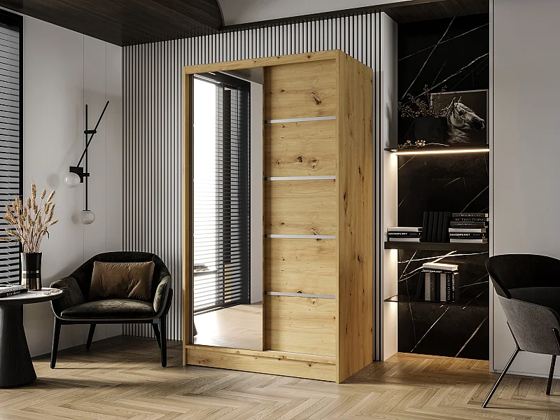 Zweitüriger Schiebeschrank mit Spiegel DETROIT D3, Regalböden und Kleiderstange (Artisan)