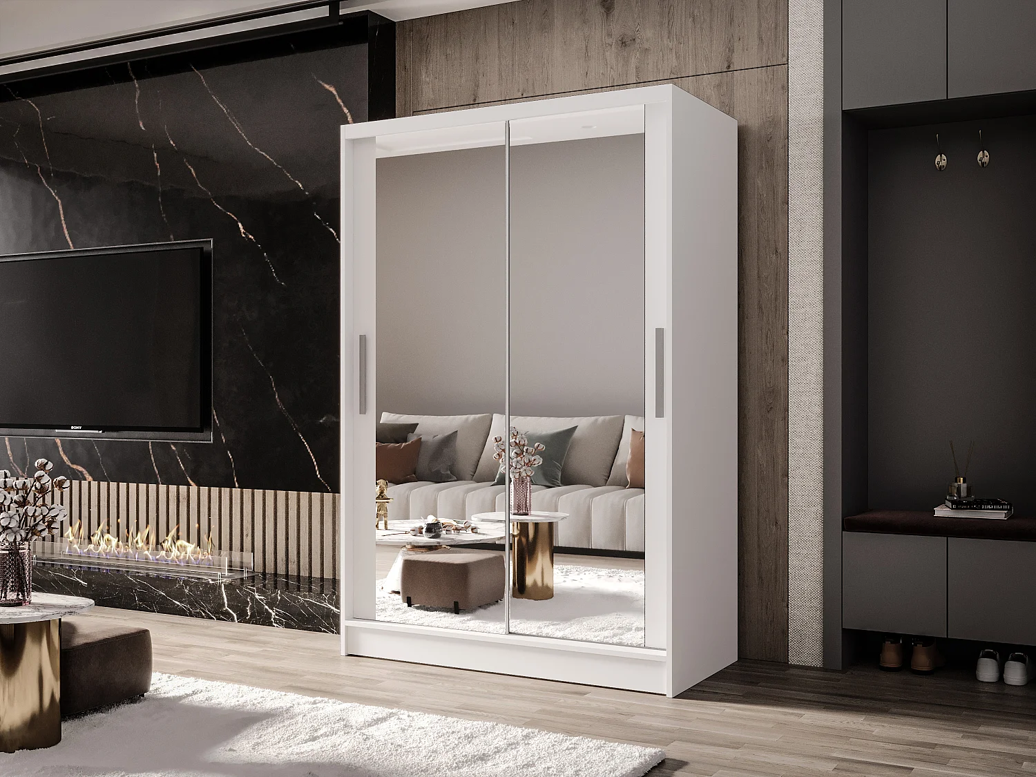 Zweitüriger Schiebeschrank mit Spiegel MESA M7 Weiß mit Regalböden und Kleiderstange