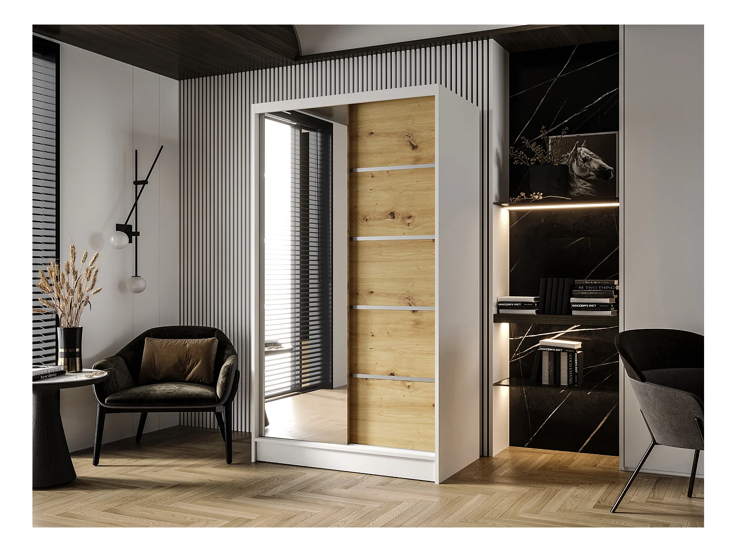 Zweitüriger Schiebeschrank mit Spiegel DETROIT D3, Regalböden und Kleiderstange (Weiß/Artisan)