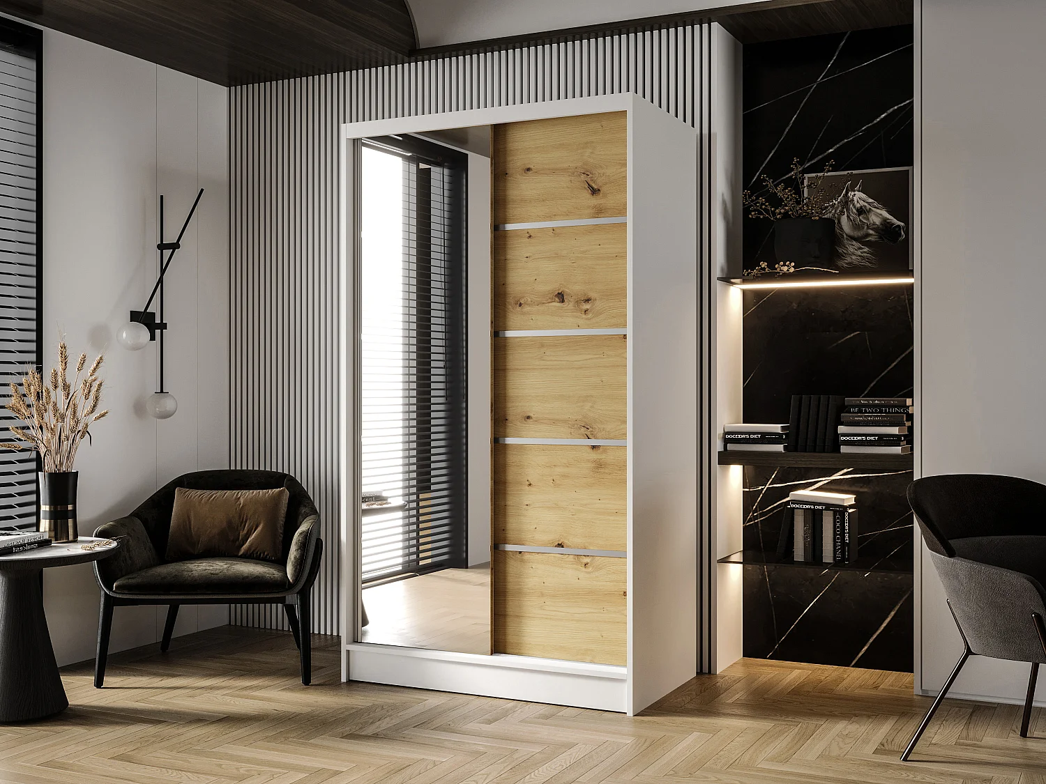 Zweitüriger Schiebeschrank mit Spiegel DETROIT D3, Regalböden und Kleiderstange (Weiß/Artisan)