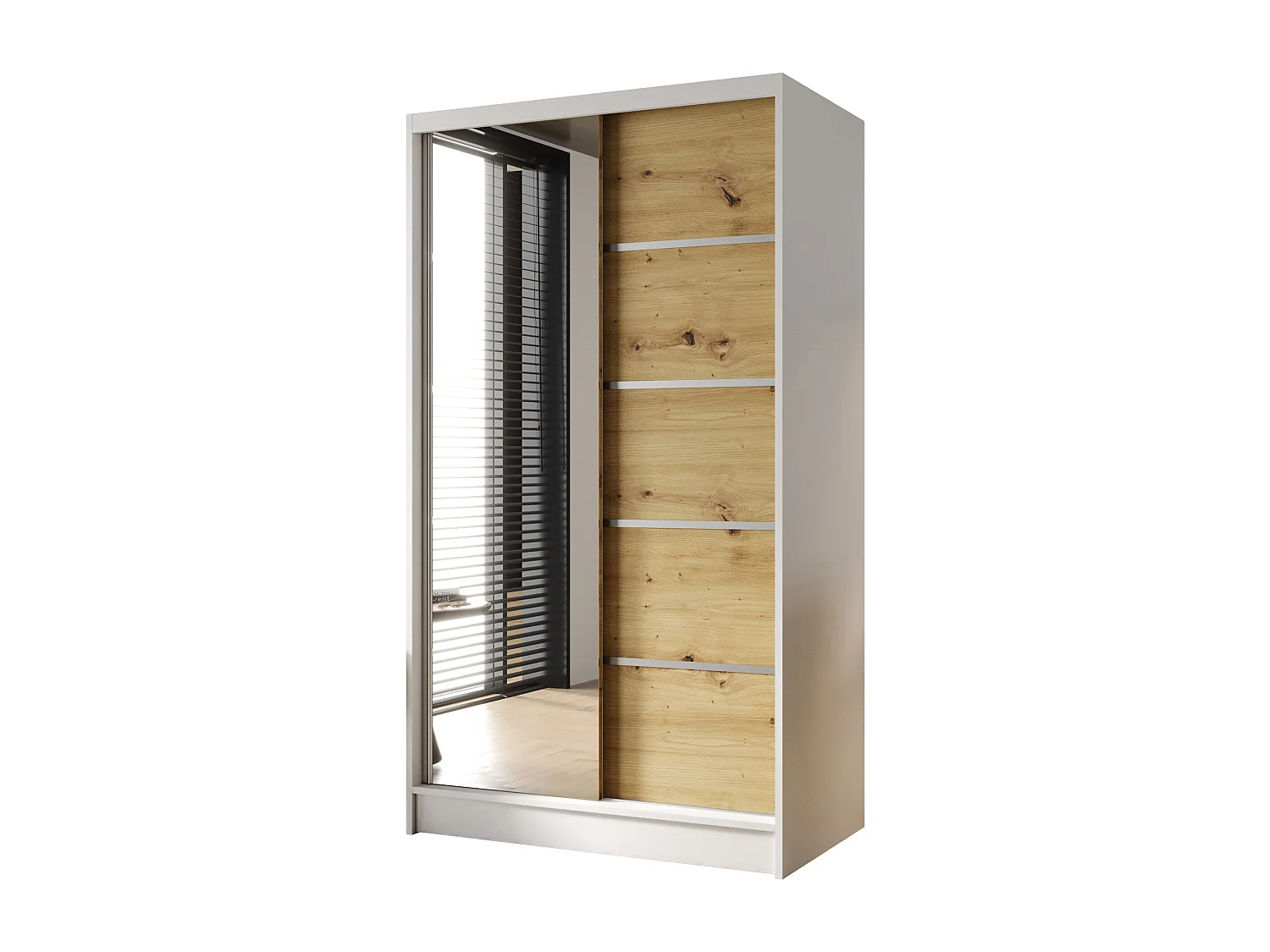 Zweitüriger Schiebeschrank mit Spiegel DETROIT D3, Regalböden und Kleiderstange (Weiß/Artisan)