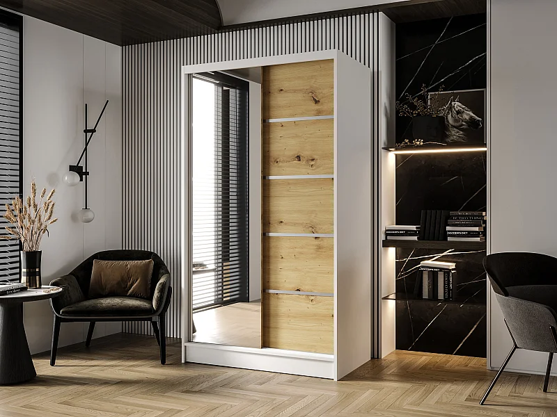 Zweitüriger Schiebeschrank mit Spiegel DETROIT D3, Regalböden und Kleiderstange (Weiß/Artisan)