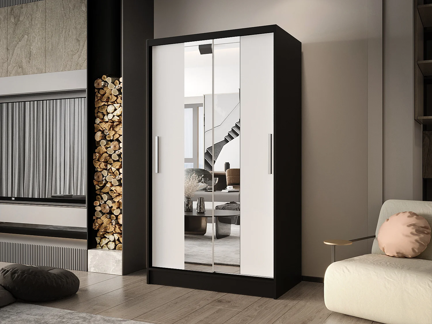 Zweitüriger Schiebeschrank mit Spiegel CHICAGO CA2, Regalböden und Kleiderstange (Schwarz/Weiß)