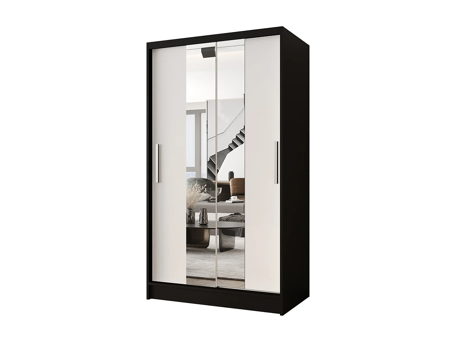 Zweitüriger Schiebeschrank mit Spiegel CHICAGO CA2, Regalböden und Kleiderstange (Schwarz/Weiß)