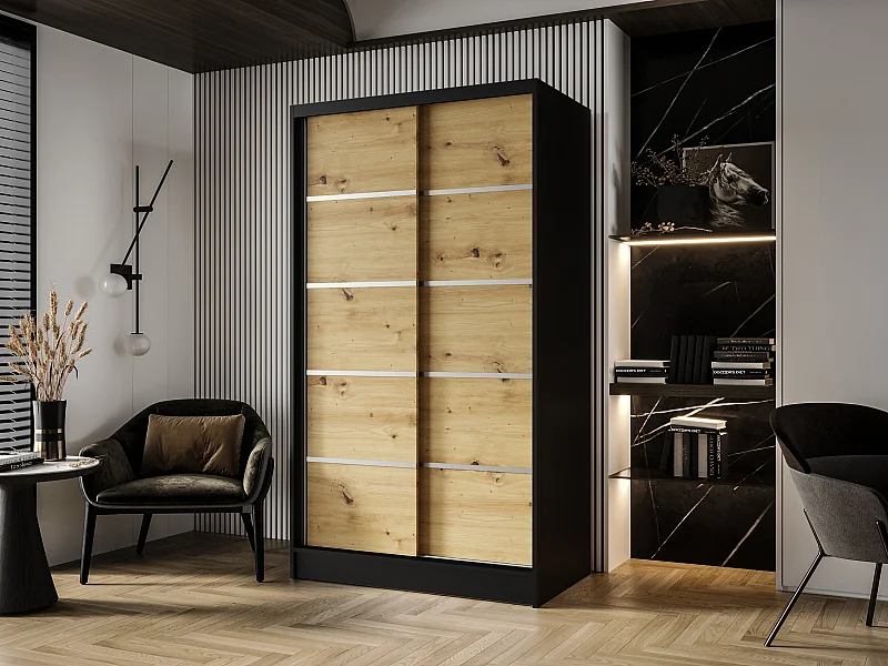 Zweitüriger Schiebeschrank DETROIT D4, Regalböden und Kleiderstange (Schwarz/Artisan)